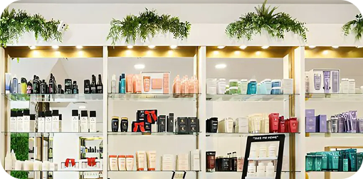 Estanterías luminosas con productos profesionales de peluquería y cuidado capilar perfectamente ordenados, combinadas con plantas verdes en la parte superior que aportan frescura, armonía y un ambiente moderno al salón.