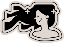 Ilustración minimalista en blanco y negro de un rostro femenino de perfil con el cabello largo ondeando hacia atrás, acompañado de pequeñas estrellas que sugieren movimiento, ligereza y sensación de cuidado capilar.