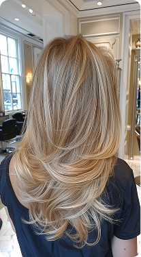 La imagen muestra un corte de cabello largo con capas, donde se aprecian reflejos rubios que iluminan la melena. El cabello tiene un estilo fluido y con mucho movimiento, logrando un look voluminoso y elegante. La combinación de tonos rubios y las capas suavizan el conjunto, brindando una sensación de frescura y sofisticación. Es un estilo ideal para resaltar la textura natural del cabello.