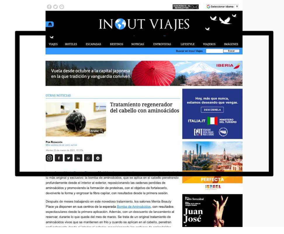 La imagen muestra una captura de pantalla del sitio web "InOut Viajes". En ella, se destaca un artículo sobre un "Tratamiento regenerador del cabello con aminoácidos" con una imagen relacionada. También se pueden ver varios banners publicitarios, incluyendo uno de Iberia y otro relacionado con Italia. El contenido se centra en la promoción de un tratamiento de belleza para el cabello, con un enfoque en la innovación y los resultados obtenidos.